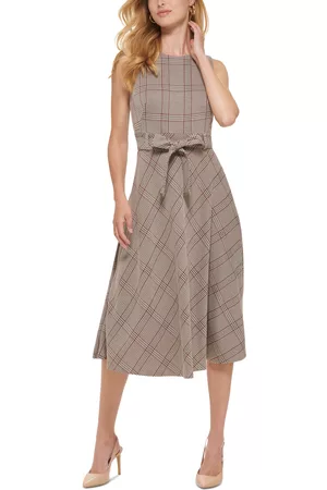 Calvin Klein Women Midi Dresses - Women's Menswear Plaid Belted Midi Dress
