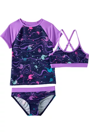 Lands' End Girls Swimsuits - Girls Child Short Sleeve 3 Piece Upf 50 Swimsuit Rash Guard Set