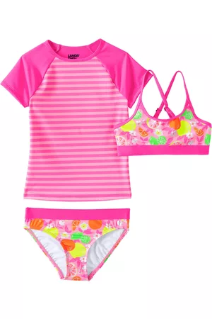 Lands' End Girls Swimsuits - Girls Child Short Sleeve 3 Piece Upf 50 Swimsuit Rash Guard Set