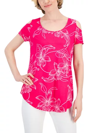 Jm Collection Women Tops - Tropic Flow Cold-Shoulder Short-Sleeve Top, Created for Macy's