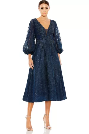 Mac Duggal Women V-Neck Dresses - Women's Embellished Plunge Neck Bishop Sleeve Dress