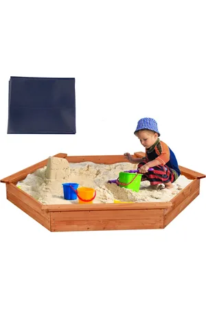 Costway Hexagon Wooden Cedar Sand Box w Seat Boards & Cover & Ground Liner