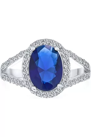 Bling Jewelry Classic 10CT Cz Royal Blue Halo Statement Oval Solitaire Promise Ring With Split Shank Thin Band Silver Plated