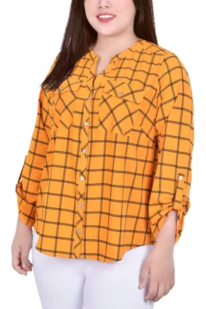 Ny Collection Plus Size 3/4 Sleeve Roll Tab Y Neck Blouse