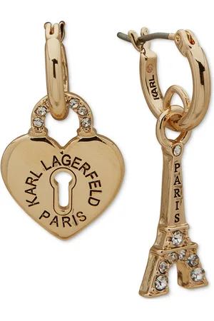 Karl Lagerfeld Gold-Tone Pave Heart Padlock & Eiffel Towel Mismatch Charm Hoop Earrings