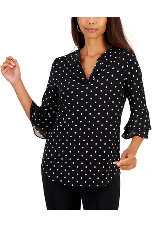 Kasper Petite Dot-Print Flutter-Sleeve V-Neck Blouse - Black/Vanilla Ice
