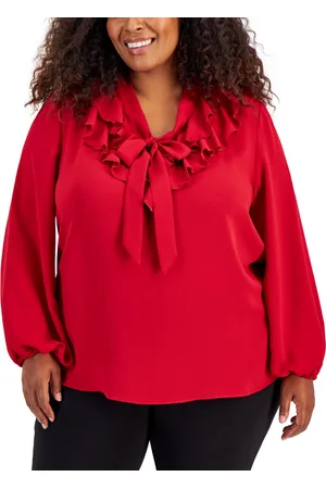 Kasper Plus Size Tie-Front Ruffle-Trim Blouse