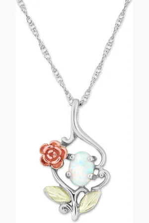 Black Hills Gold White Opal (7x5mm) Rose Pendant 18" Necklace in Sterling Silver with 12k Rose and Green Gold