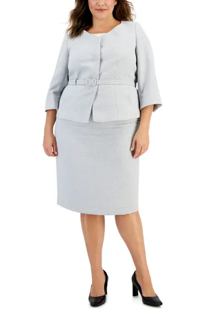 Le Suit Plus Size Metallic Tweed Belted Jacket & Pencil Skirt Suit