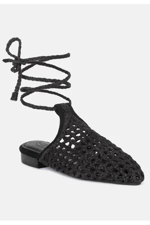 RAG & CO Tutsi Womens Handwoven Honeycomb Tie Up Flat Mules