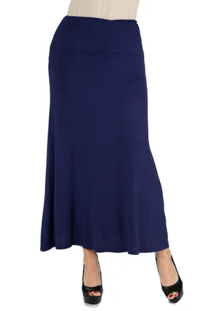 24Seven Comfort Apparel Women Elastic Waist Solid Color Maxi Skirt
