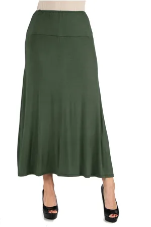 24Seven Comfort Apparel Women Elastic Waist Solid Color Maxi Skirt