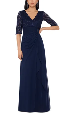 Betsy & Adam Petite V-Neck Lace-Bodice Gown