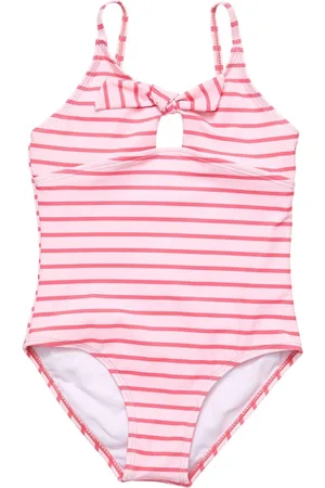 Snapper Rock Toddler, Child Girls Coral Stripe Sustainable Bow Swimsuit