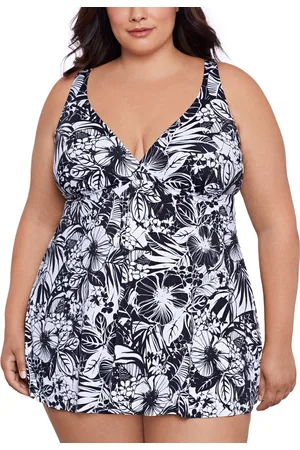 Swim Solutions Plus Size Floral-Print Flyaway Swim Dress, Created for Macy