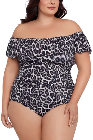 Swim Solutions Plus Size Cheetah-Print Off-The-Shoulder One piece Swimsuit, Created for Macy