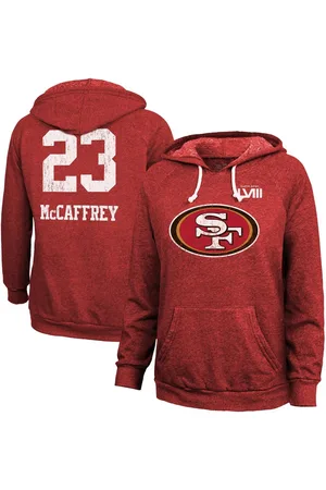 Christian McCaffrey San Francisco 49ers Fanatics Branded Women's Super Bowl  LVIII Plus Size Player Name & Number V-Neck Fleece Pullover Hoodie - Scarlet