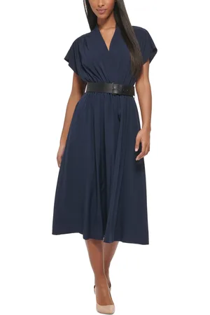 Women's Short-Sleeve Belted Midi Dress