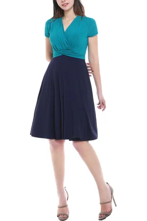 Kimi & Kai Maternity V-Neck Faux Wrap Nursing Dress - Navy/teal