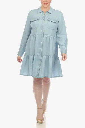 White Mark Plus Size Long Sleeve Tiered Midi Shirt Dress