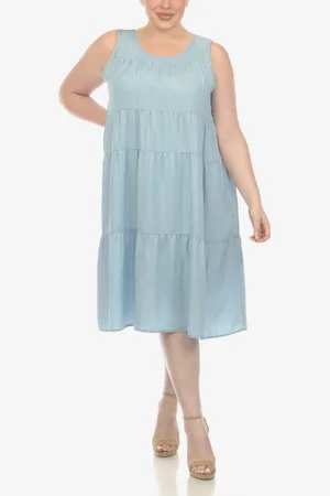 White Mark Plus Size Sleeveless Tiered Chambray Midi Dress