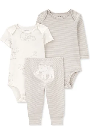 Carters Baby Cotton Elephant Little Character Bodysuits & Pants, 3 Piece Set - Grey/Ivory