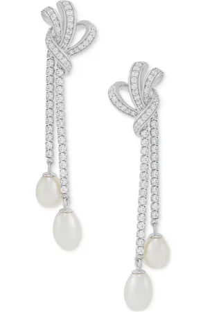 ARABELLA Freshwater Pearl (8x6mm & 7x5mm) Cubic Zirconia Knotted Drop Earrings in