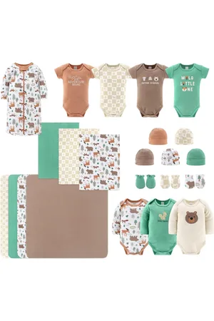 The Peanutshell Baby Boys Layette Gift Set Boys, Woodland Animals, 23 Essential Pieces, 0-3 Months - Green/brown/tan