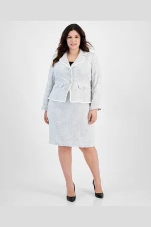 Le Suit Plus Size Check Print Contrast Trim Skirt Suit - Natural White/Black