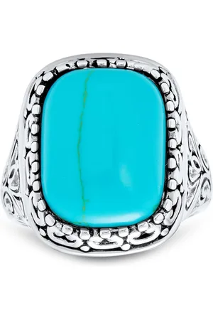 Bling Jewelry Large Rectangle Cabochon Milgrain Set Natural Turquoise Western Statement Ring Filigree Scroll Band Sterling Silver