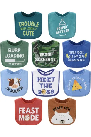 The Peanutshell Oh Boy! Terry Baby Bib 10 Pack Set, Feeding, Teething, Drooling - Green/blue/white