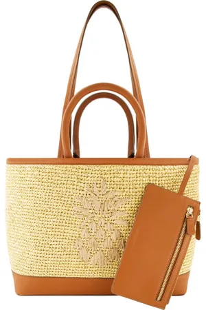 Tommy Bahama Leather Trim Raffia Tote with pouch - Beige/Khaki