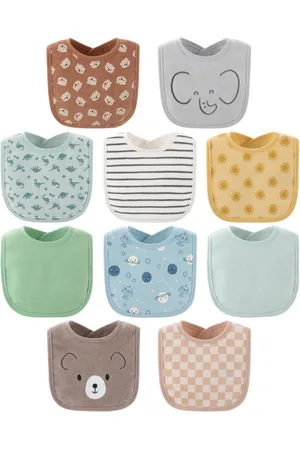 The Peanutshell Soft Neautral Terry Baby Bib 10 Pack Set, Feeding, Teething, Drooling - Grey/green/blue