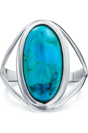 Bling Jewelry Simple Large Dome Oval Cabochon Bezel Set Natural Turquoise Western Statement Ring Split Band .925 Sterling Silver