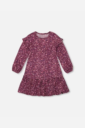 Deux par Deux Big Girls Dress With Frills Burgundy Printed Flowers