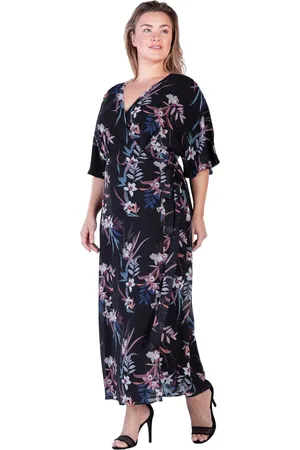 Standards & Practices Plus Size V-Neck Print Kimono Wrap Maxi Dress