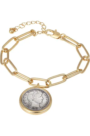 American Coin Treasures 16465 Barber Dime Coin Goldtone Elongated Link Bracelet