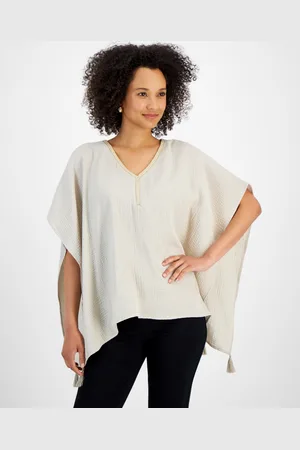 Jm Collection Petite Embellished-Neck Tassel-Trim Poncho Top, Created for Macy