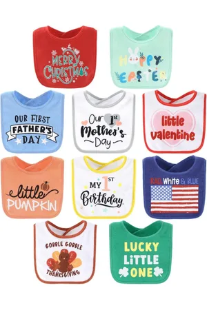 The Peanutshell New Holiday Terry Baby Bib 10 Pack Set for Boys and Girls - Red/white/blue/green