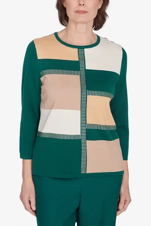 Alfred Dunner Petite Emerald Isle Color Blocking Gold Trim Sweater