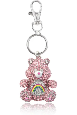 Disney Care Bears Pave 3D Bling Cheer Bear Keychain - Bag Charm, Backpack Accessories, Travel Collectible Gift Keychains - Silver tone, pink