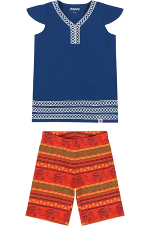 Mixed Up Girls Flutter Sleeve V-Neck Embroidered Tunic Top and Cozy Elephant Print Shorts, 2-Piece Set - Sodalite Blue/Jacquard Stripe