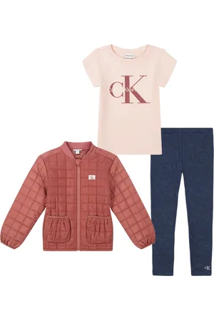 Calvin Klein Toddler and Little Girls Woven Puffy Barn Jacket, Short Sleeve Ribbed Tee Jeggings, 3-Piece Set