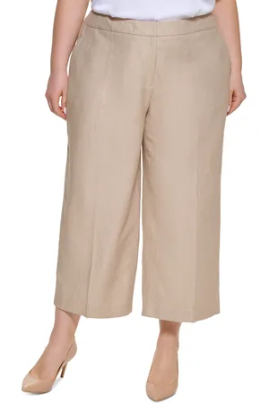 Calvin Klein Plus Size 100% Linen Cropped Wide-Leg Pants - Wheat/cream