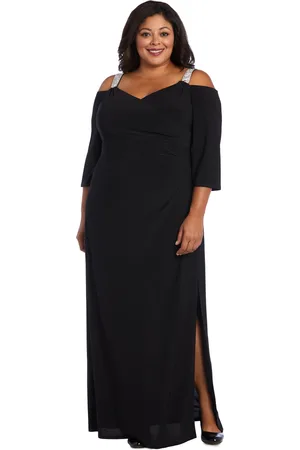 R & M Richards Plus Size Embellished Cold-Shoulder Gown