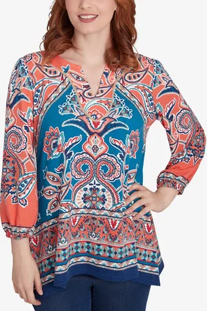 RUBY Petite Embellished Split Neck Baroque Motif Printed Hatchi Knit Top with Balloon Sleeves