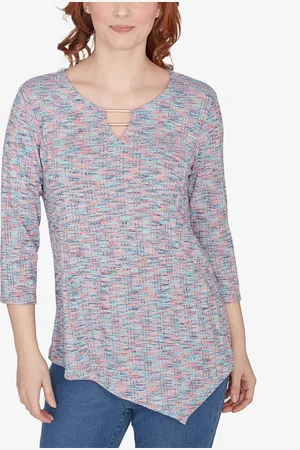 RUBY Petite Scoop Neck Spacedye Knit Top with Bar Detail