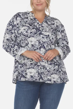 White Mark Plus Size Pleated Long Sleeve Floral Print Blouse