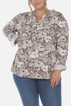 White Mark Plus Size Pleated Long Sleeve Floral Print Blouse