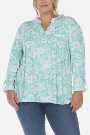 White Mark Plus Size Pleated Long Sleeve Floral Print Blouse
